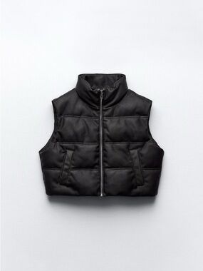 Zara Black faux leather Cropped Puffer Bomber Vest